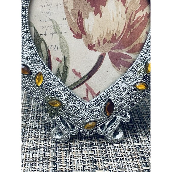 Filigree Style Heart-Shaped Desktop Frame Silver Tone Metal Yellow Rhinestones - Picture 8 of 10